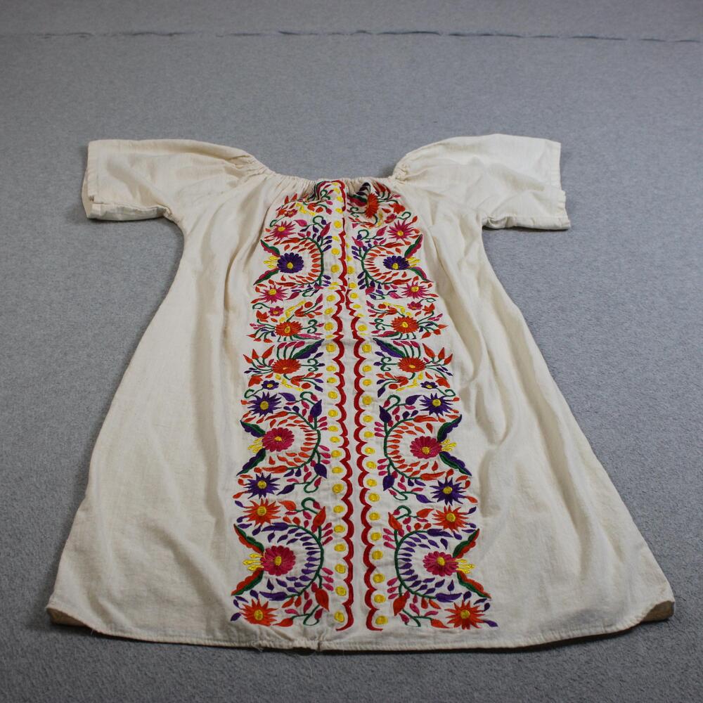 Mexican Embroidered Floral Dress Medium Cream Floral Peasant Boho Tunic Retro